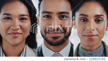 Collage, happy and portrait with business people in video call for corporate communication or collaboration. Diversity, face or smile of man and woman employee team in virtual meeting for planning Collage, happy and portrait with business people in video call for corporate communication or collaboration. Diversity, face or smile of man and woman employee team in virtual meeting for planning 120025193