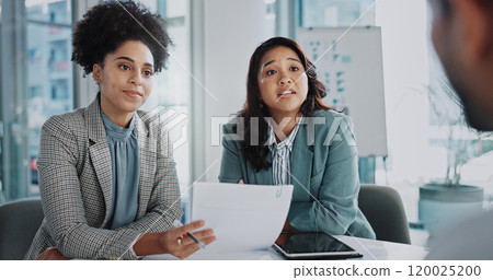 Business people, paperwork and planning in office meeting, consulting and teamwork for proposal. Employees, talking and documents for finance review, support and briefing in boardroom for project 120025200
