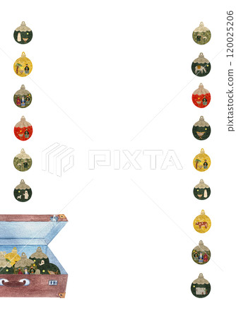 Christmas tree decorative ball in a vintage suitcase vertical frame isolated on white in watercolor. Illustration for posters, cards, stickers, posters, advent calendar, banner, New Year, stationary 120025206