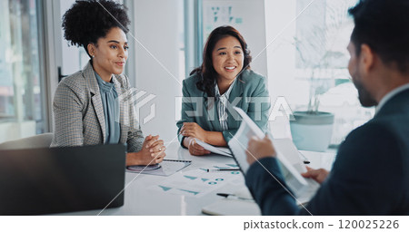 Business people, paperwork and research in office meeting, collaboration and teamwork for proposal. Employees, talking and documents for finance review, support and briefing in boardroom for project 120025226