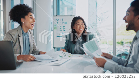 Business people, meeting and excited for data analytics, statistics or results in SEO collaboration. Happy analyst or group with wow for news with documents, graphs and charts of project algorithm 120025252