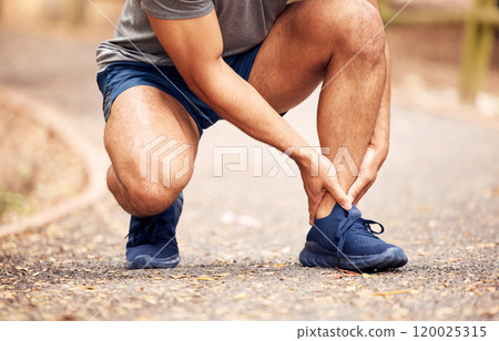 Road, ankle pain and hands of person after fitness accident, injury and muscle tension. Nature, outdoor and male runner with fibromyalgia, foot inflammation and massage joint during training session 120025315