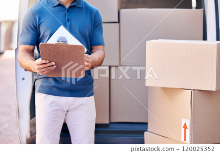 Van, parcel and delivery man with clipboard in outdoor for shipping, courier service or cargo. Stock, logistics and employee with cardboard package for export, distribution or commercial supplier 120025352