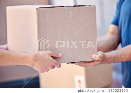 Package, hands and delivery person with customer in outdoor for shipping, courier service or stock. Box, logistics and people with cargo for ecommerce export, distribution or commercial supplier 120025353
