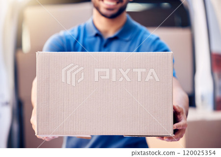 Hands, parcel and delivery man with box in outdoor for distribution, courier service or stock. Cargo, logistics and employee with cardboard package for export, shipping or commercial supplier 120025354