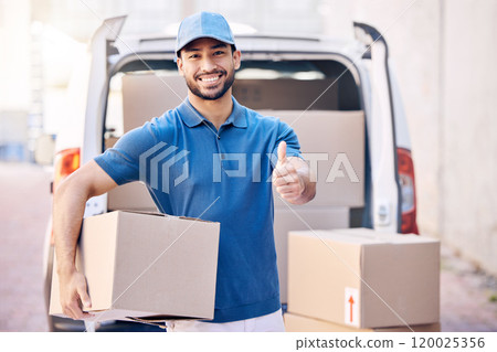 Logistics, thumbs up and delivery man in portrait with box, orders and package for supply chain. Outdoor, male employee and hand gesture for thank you, distribution and courier service by van 120025356