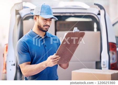 Logistic, checklist and delivery man with clipboard by car, inspection and distribution of orders. Outdoor, male employee and supply chain with document, boxes or shipping service for courier company 120025360