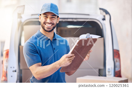 Logistics, portrait and delivery man by van with clipboard, checklist and inspection of orders. Outdoor, male employee and supply chain with documents, boxes and shipping service for courier company 120025361