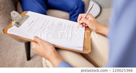 Hands, person and signature with contract or document for insurance or life policy agreement. Application form, deal and legal paper or paperwork for investment or will with terms and conditions 120025366