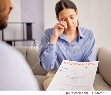 Crying, eviction and woman with stress of notice, couple and fail of payment for mortgage in apartment. Paperwork, sad and mistake of violation of lease, hand and loan for house and foreclosure Crying, eviction and woman with stress of notice, couple and fail of payment for mortgage in apartment. Paperwork, sad and mistake of violation of lease, hand and loan for house and foreclosure 120025368