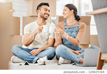 Happy couple, cheers and drinking coffee in property together to celebrate moving to apartment. Man, woman or toast with cup in new home for real estate investment, success or relocate to dream house 120025384