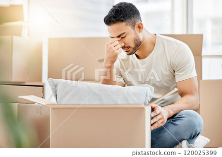 Man, boxes and stress for moving house, fatigue and headache from real estate or mistake. Frustrated, anxiety and male person in new apartment or property with fear for investment, debt and rent Man, boxes and stress for moving house, fatigue and headache from real estate or mistake. Frustrated, anxiety and male person in new apartment or property with fear for investment, debt and rent 120025399