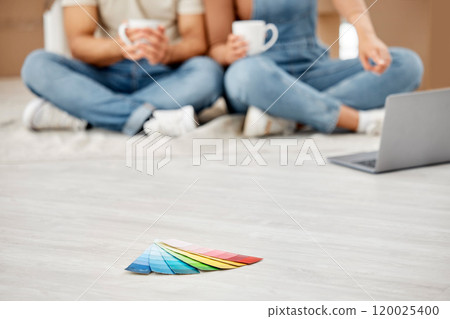 Color swatch, floor and relax with couple in new home together for decoration, improvement or renovation. Break, coffee and laptop with people in apartment for real estate choice or decision 120025400