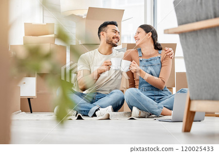 Happy couple, cheers and drinking coffee in new home to celebrate moving to apartment. Man, woman or toast with cup in property for real estate investment, success or relocate to dream house together Happy couple, cheers and drinking coffee in new home to celebrate moving to apartment. Man, woman or toast with cup in property for real estate investment, success or relocate to dream house together 120025433