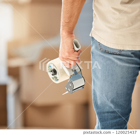 Hands, man or tape dispenser in home for moving, cardboard or package for real estate or property. Closeup, packaging and tool with boxes, parcel and seal for product safety and delivery in house 120025437