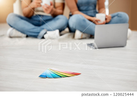Break, color swatch and floor with couple in new home together for decoration, improvement or renovation. Coffee, laptop and relax with people in apartment for real estate choice or decision Break, color swatch and floor with couple in new home together for decoration, improvement or renovation. Coffee, laptop and relax with people in apartment for real estate choice or decision 120025444
