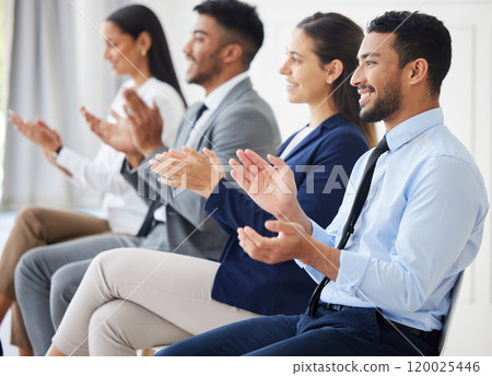 Meeting, applause or business people in office celebration for conference feedback, support or congratulations. Tradeshow, training or audience clapping for presentation, growth or sales milestone Meeting, applause or business people in office celebration for conference feedback, support or congratulations. Tradeshow, training or audience clapping for presentation, growth or sales milestone 120025446