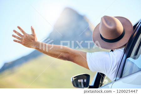 Travel, hand and window in car, person and freedom in journey, road trip and tour of California for vacation. Outdoor, wave and arm for adventure in vehicle, holiday and driving in morning and back 120025447