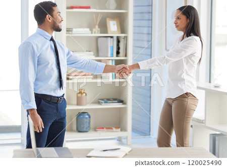 Business people, smile and partnership with handshake in office for agreement, success and collaboration. Corporate, director and hand with gesture in deal for b2b merger, acquisition and opportunity 120025490