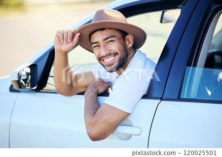Travel, portrait and window in car, man and smile for journey, road trip and hat for vacation in summer. Outdoor, face and happiness of person, Texas and door of vehicle, driving and adventure Travel, portrait and window in car, man and smile for journey, road trip and hat for vacation in summer. Outdoor, face and happiness of person, Texas and door of vehicle, driving and adventure 120025501
