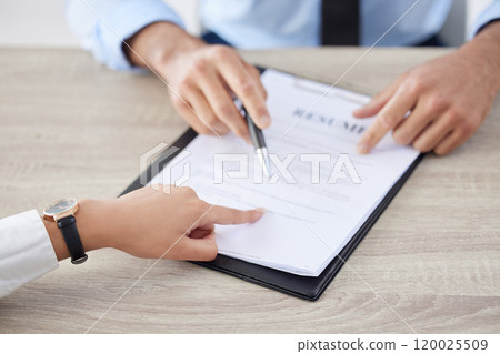 Hiring, manager and hands with resume and signature with pointing and clipboard for interview at company. CV, HR and candidate for job, office and opportunity of professional with document and paper 120025509