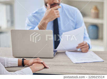 Laptop, cv and hr with candidate for job interview in office for corporate and thinking with contract. Vacancy, computer and businessman with resume document in recruitment meeting for hiring lawyer. 120025514