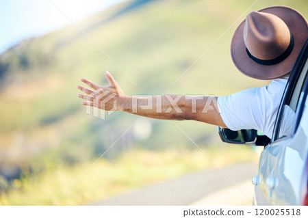 Travel, hand and window in car, driving and freedom in journey, road trip and tour of California for vacation. Outdoor, wave and arm of person in vehicle, holiday and adventure in morning and back 120025518