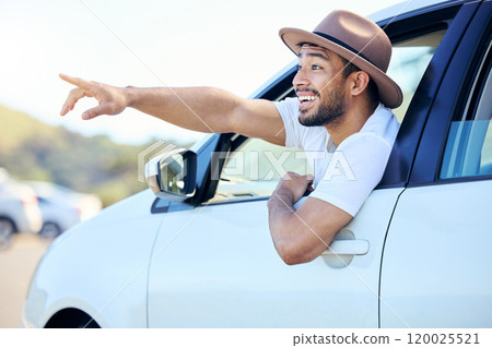 Travel, pointing and window in car, man and smile for journey, road trip and hat for vacation in summer. Outdoor, excited and happiness of person, Texas and door of vehicle, driving and adventure Travel, pointing and window in car, man and smile for journey, road trip and hat for vacation in summer. Outdoor, excited and happiness of person, Texas and door of vehicle, driving and adventure 120025521