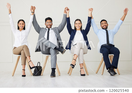 Celebration, recruitment and portrait of business people in office for job interview or vacancy success. Happy, achievement and group of hiring candidates with good news and employment for onboarding 120025540