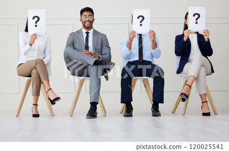 Poster, question mark and portrait of businessman with team in waiting room for recruitment, offer or onboarding. Hiring, information and people at hr office with sign, faq or help for job interview 120025541