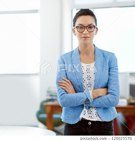 Office, portrait or asian woman with arms crossed for creative agency, professional career or job. Workspace, graphic designer or about us for startup project, confident or pride for business Office, portrait or asian woman with arms crossed for creative agency, professional career or job. Workspace, graphic designer or about us for startup project, confident or pride for business 120025570