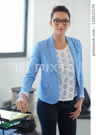Office, professional and business woman in portrait for creative agency, career and job with confidence. Workspace, female graphic designer and ready for branding project, pride and smile for startup 120025579