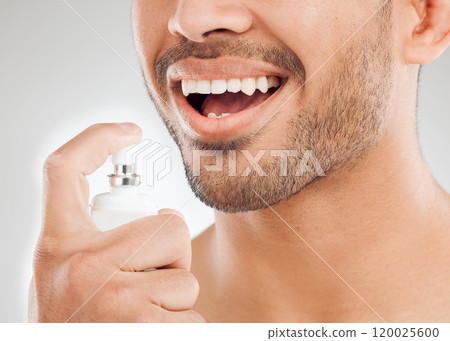 Grooming, man and mouth spray for fresh breath in zoom, routine or wellness in oral health, hygiene. Male person, cleaning and cosmetic with confidence for care, teeth and mouth in studio background Grooming, man and mouth spray for fresh breath in zoom, routine or wellness in oral health, hygiene. Male person, cleaning and cosmetic with confidence for care, teeth and mouth in studio background 120025600