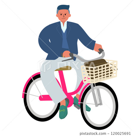 A full-body image of an intimidating man in formal attire with a two-block haircut and carrying a second bag, riding a bicycle with his legs spread apart. 120025691