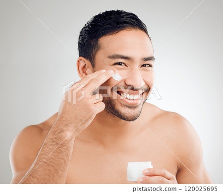 Skincare, portrait and man with cream jar for beauty glow and facial results for healthy shine in studio. Male person, dermatology and sunscreen container with anti aging benefits by white background Skincare, portrait and man with cream jar for beauty glow and facial results for healthy shine in studio. Male person, dermatology and sunscreen container with anti aging benefits by white background 120025695