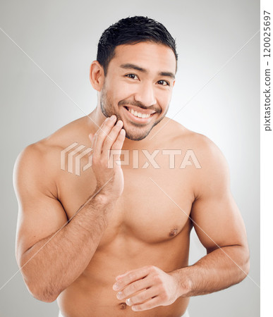 Happy man, hand and portrait of grooming in studio for morning routine, wellness or natural treatment on white background. Skincare, body and model with smile for confidence, facial or satisfaction 120025697
