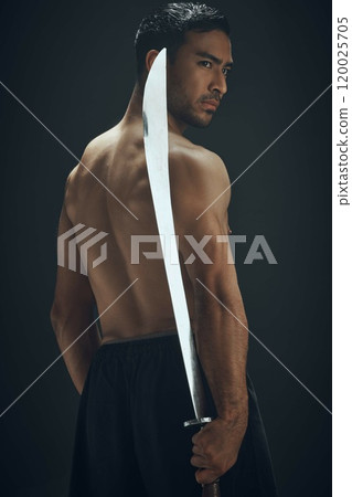 Samurai sword, man and back in studio for martial arts, training and fitness for tradition or dojo. Blade, wellness and ninja or warrior by black background for battle, fight and karate in Japan 120025705