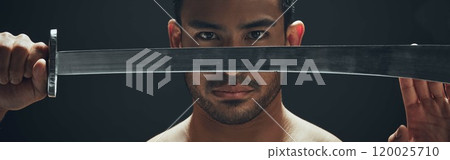 Samurai, sword and eyes in studio for battle, fight and martial arts or karate for dojo. Banner, Japanese man and blade for wellness, challenge and performance by black background with pride 120025710