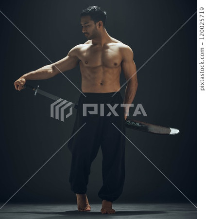 Asian man, ninja and samurai sword in studio for training, exercise and fitness or martial arts. Dojo, wellness and blade with warrior by black background for karate, sport and aikido in Japan Asian man, ninja and samurai sword in studio for training, exercise and fitness or martial arts. Dojo, wellness and blade with warrior by black background for karate, sport and aikido in Japan 120025719