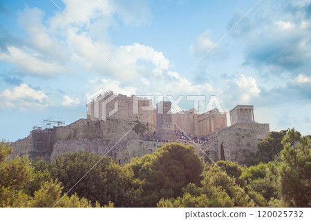 Ancient architecture, Acropolis under day sky with cloud. Athens, Greece. 120025732