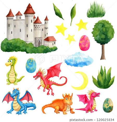 Set of mythical dragons from around the world in different poses, castle, eggs, tree, bush and grass, watercolor illustration on white background. 120025834