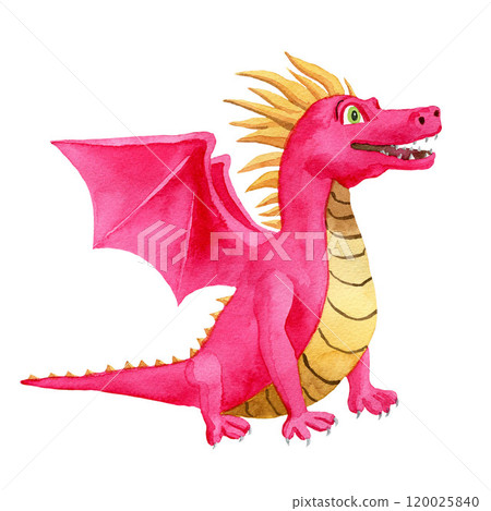 Bright pink dragon with wings. Watercolor illustration on white background. For baby shower design, postcard, wrapping, invitations, cards, posters Bright pink dragon with wings. Watercolor illustration on white background. For baby shower design, postcard, wrapping, invitations, cards, posters 120025840