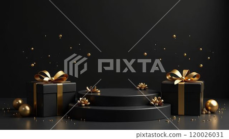 Beautifully wrapped gifts in black boxes and ornaments creating magical holiday atmosphere. Suitable for Christmas campaigns 120026031
