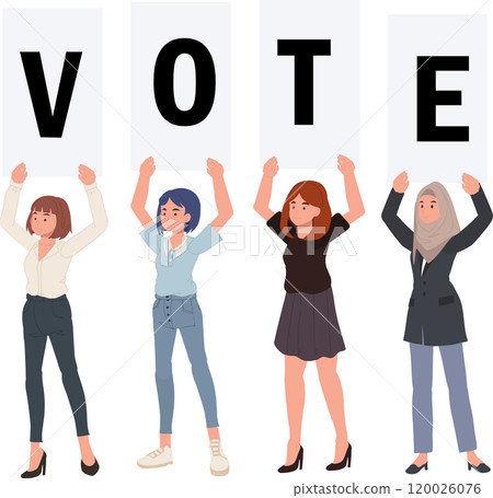 Four women hold a "VOTE" sign, raising awareness for election participation and voting rights. Four women hold a "VOTE" sign, raising awareness for election participation and voting rights. 120026076