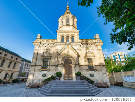 Holy Myrrhbearers Cathedral in Baku, Azerbaijan, a Russian Orthodox Church with a traditional dome and ornate facade Holy Myrrhbearers Cathedral in Baku, Azerbaijan, a Russian Orthodox Church with a traditional dome and ornate facade 120026195