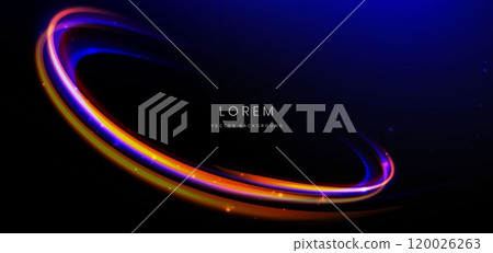 Abstract technology futuristic curved glowing neon blue and orange light ray on dark blue background with lighting effect. 120026263