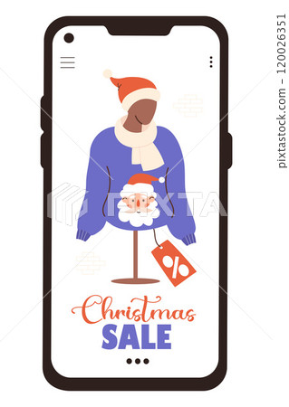Christmas Sale in smartphone. Online Shopping. New Year Mannequin in Santa hat and Xmas ugly sweater with portrait Claus with price tag on screen in phone. Vector illustration. Holiday virtual store. 120026351