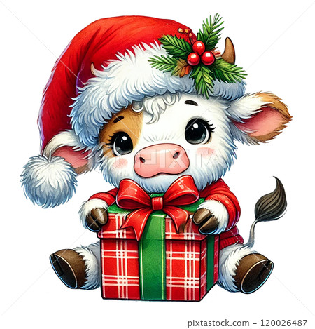 Cute cow in Christmas attire with gift Cartoon illustration for Christmas. Cute cow in Christmas attire with gift Cartoon illustration for Christmas. 120026487