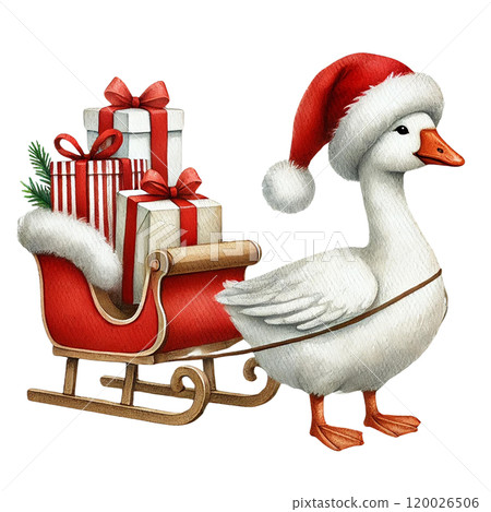 Goose with sleigh full of Christmas gifts Cartoon illustration for Christmas. 120026506