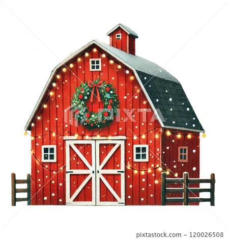 Red barn decorated with wreath and lights Cartoon illustration for Christmas. Red barn decorated with wreath and lights Cartoon illustration for Christmas. 120026508
